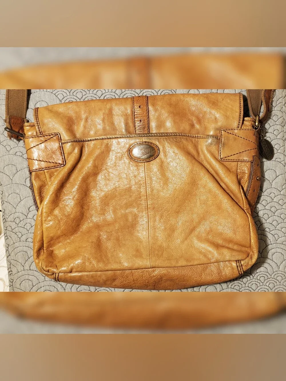 Fossil Leather Messenger Tan Brown Bag Commuter Bag Laptop Satchel